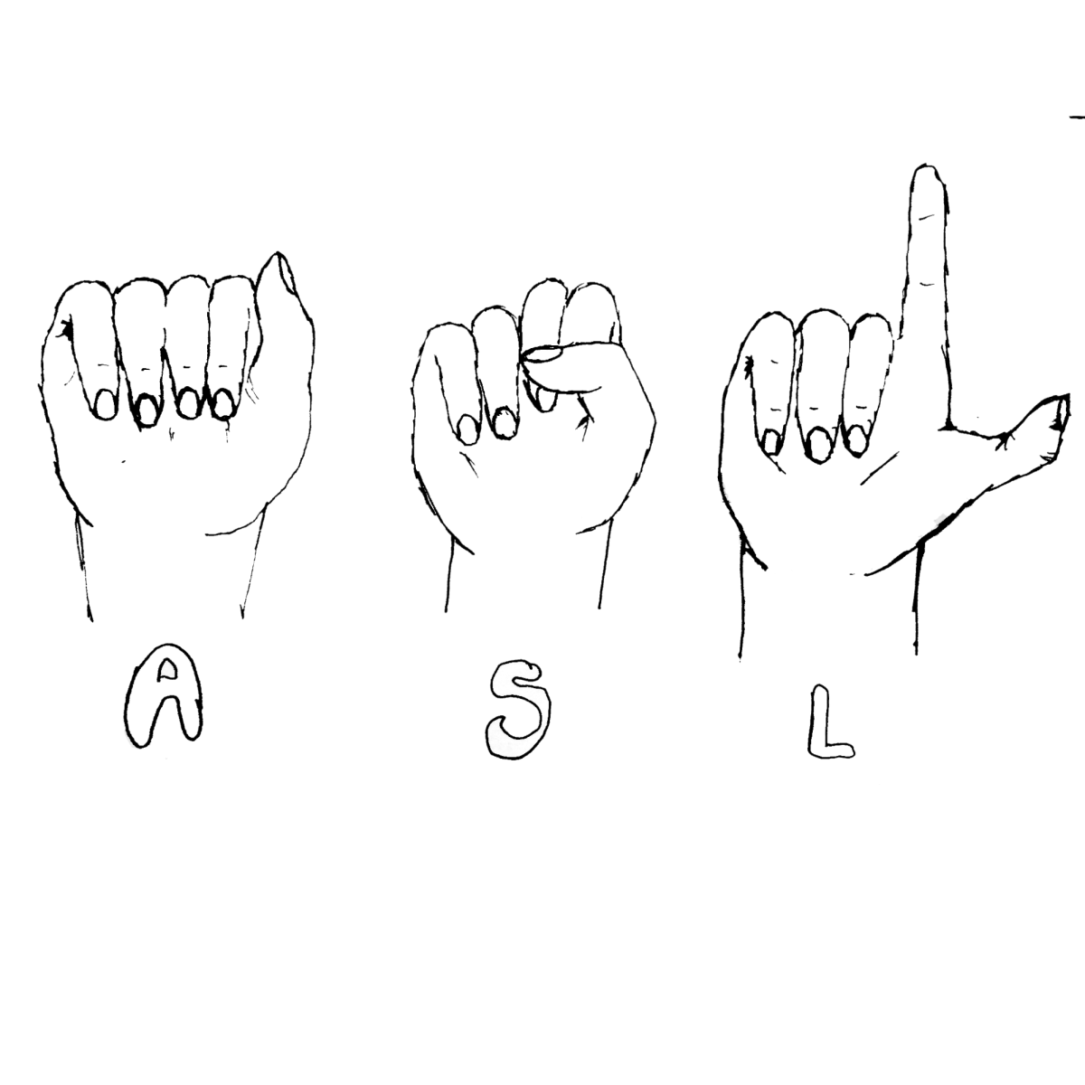 Artwork of someone signing the letters A, S and L, which stand for American Sign Language.