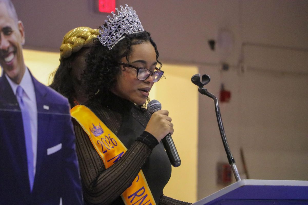 Miss RNE Maelyn Carter speaks at the Black History Month assembly.
